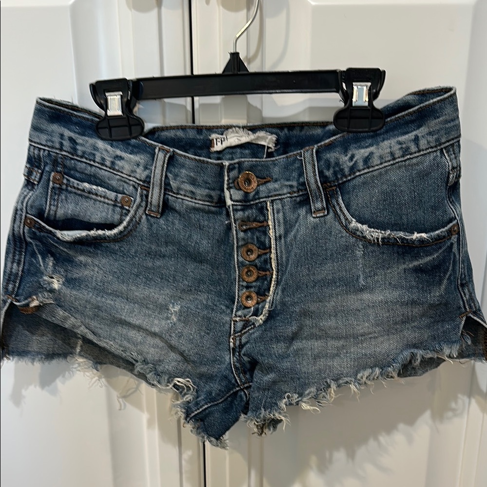 Blue Jean Shorts with Frayed Hem and Distressed Finish